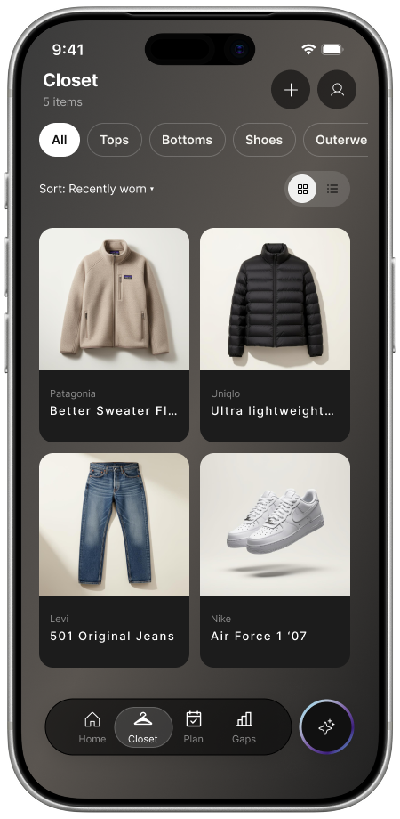 Closet, grid view of the same items