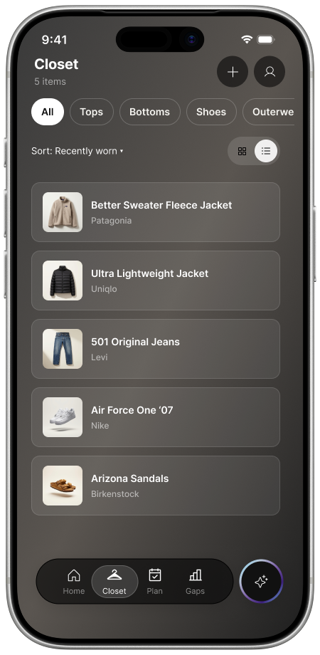 Closet, list view: five items, sorted by recently worn