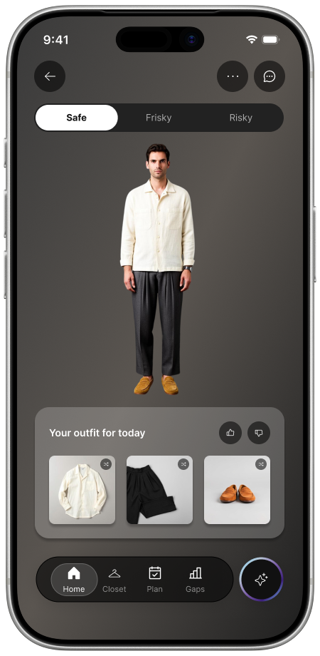 Where it comes together: generated garments, styled on a photorealistic avatar. A validated direction, a working prototype, and a clear next step.