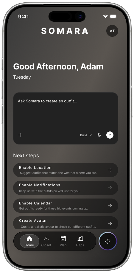Home with next steps: location, notifications, calendar, avatar