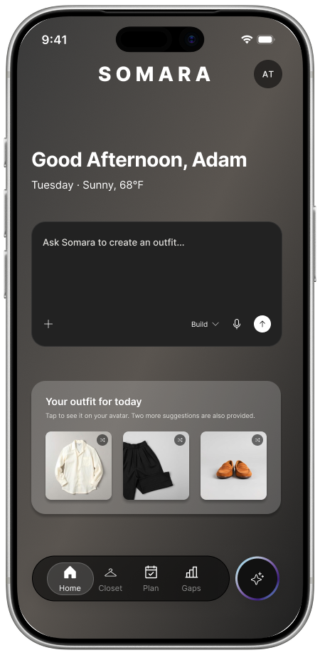 Home: your outfit for today, built from clothes you own