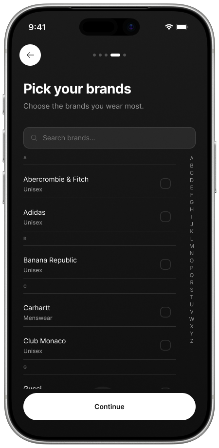 Onboarding: pick the brands you wear most