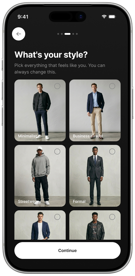 The six style tiles from onboarding. All three participants hit the same wall earlier in the flow: the app asked for investment before it delivered value, so the fix was resequencing what already existed, not building something new.
