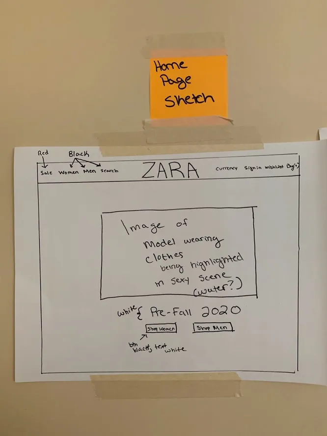 Paper wireframe sketch of redesigned home screen with clear visual hierarchy and prominent product imagery