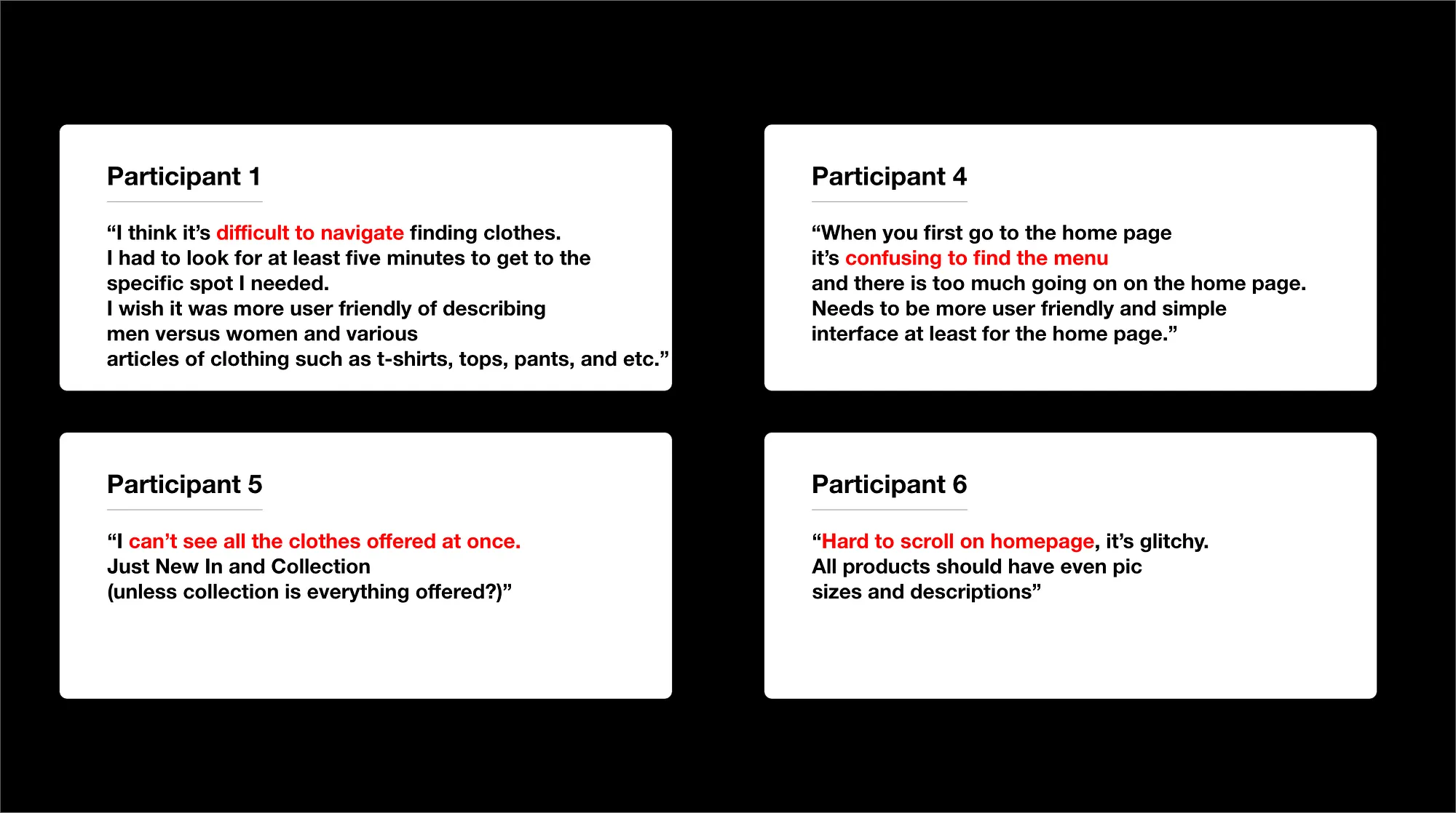 User research findings showing participant quotes about navigation difficulties and interface confusion