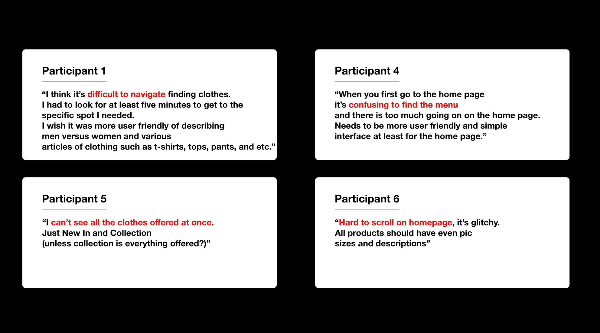 User research findings showing participant quotes about navigation difficulties and interface confusion